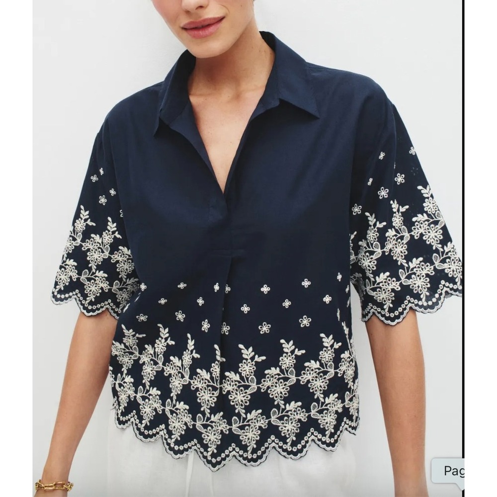 NWT CeCe Navy Blue Embroidered Cotton Blouse Top L‎ Boxy Coastal Nautical Spring